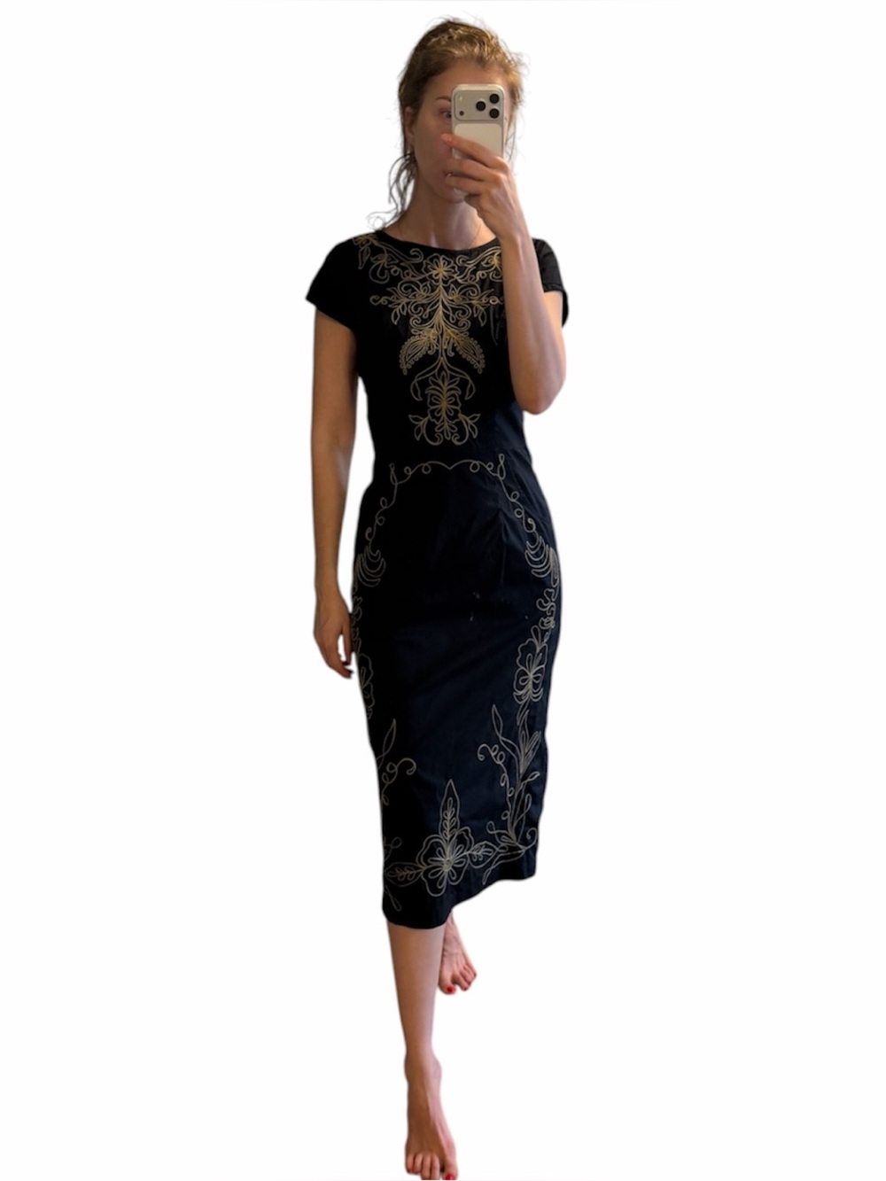 eShakti Black Filigree Embellished Poplin Midi Dress cotton size Xs